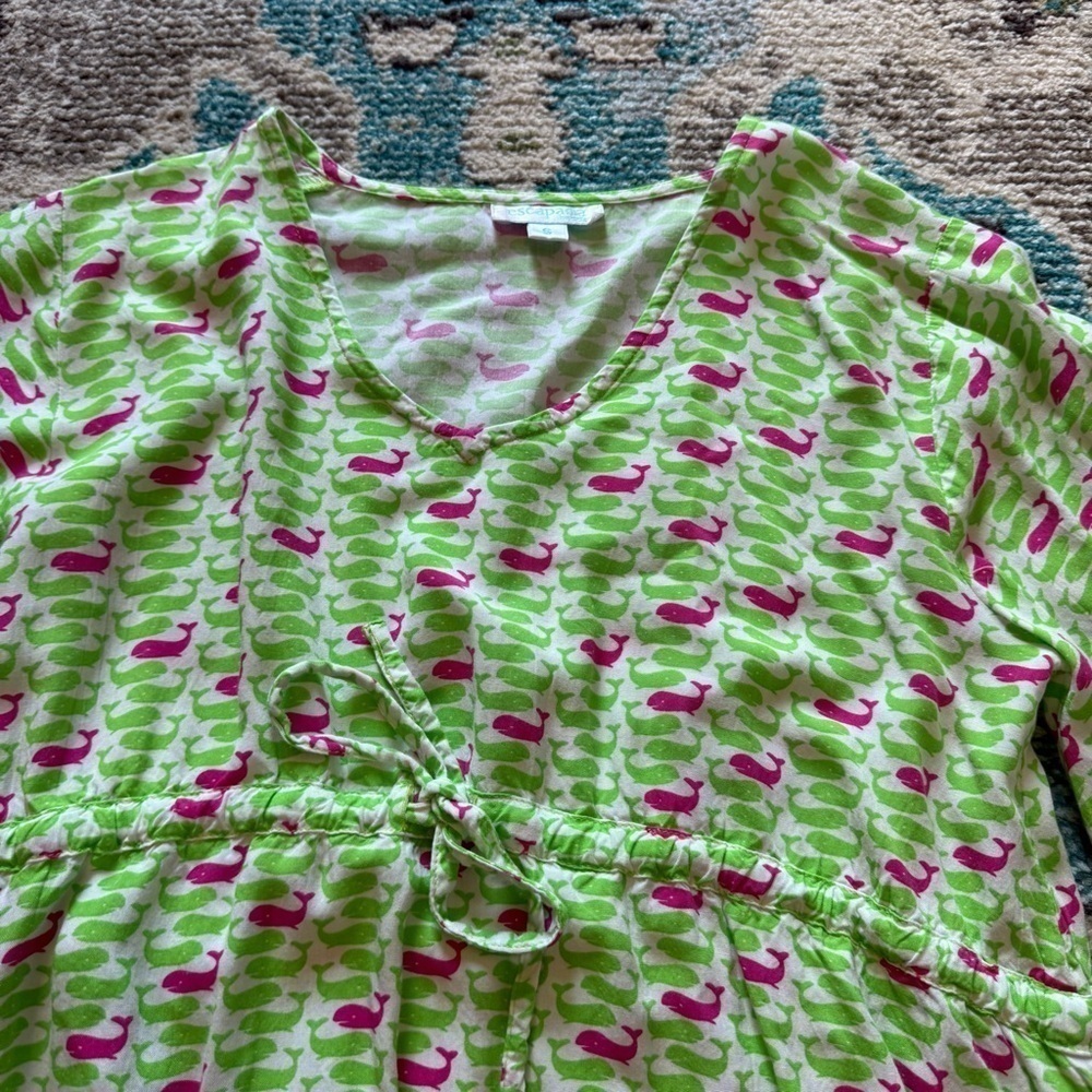 Escapada Beach Green Pink Whale Print Bell Sleeve Tie Waist Tunic Top Small - Picture 8 of 9